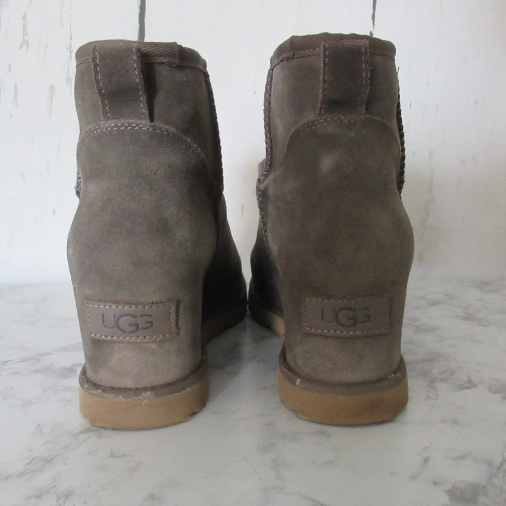 Ugg Boots 9 Gray Suede Classic Femme‎ Mini Hidden Wedge Ankle Leather Shearling